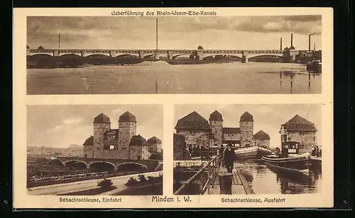 AK Minden i. W., Schachtschleuse Ein- und Ausfahrt, Überführung des Rhein-Weser-Elb-Kanals