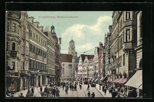 AK Augsburg, belebte Maximilianstrasse