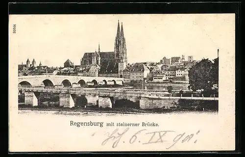 AK Regensburg, Teilansicht mit steinerner Brücke