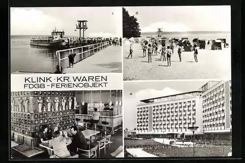 AK Klink /Kr. Waren, FDGB-Ferienobjekt, Erholungsheim Herbert Warnke, Innenansicht Cafe, An der Mole