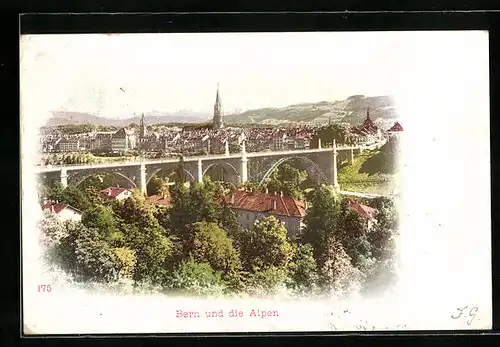 AK Bern, Teilansicht mit Brücke und den Alpen