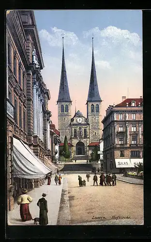 AK Luzern, Hofkirche mit Geschäften