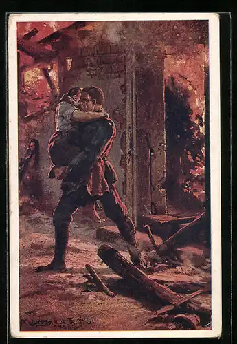 AK Rotes Kreuz Nr. 553: Infanterist Georg Caspar verlässt die letzte der von ihm geretteten fünf Frauen