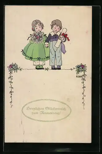 Künstler-AK Pauli Ebner: Zwei Kinder gratulieren zum Namenstag