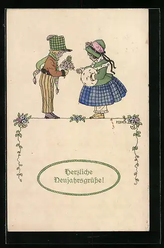 Künstler-AK Pauli Ebner: Junge und Mädchen überbringen Neujahrsgrüsse