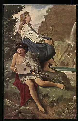 Künstler-AK Junges Paar mit Gitarre
