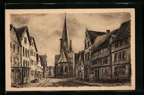 Künstler-AK Schotten, Marktstrasse mit Kirche