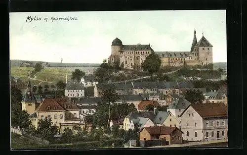 AK Mylau i. V., Ortsansicht mit Kaiserschloss