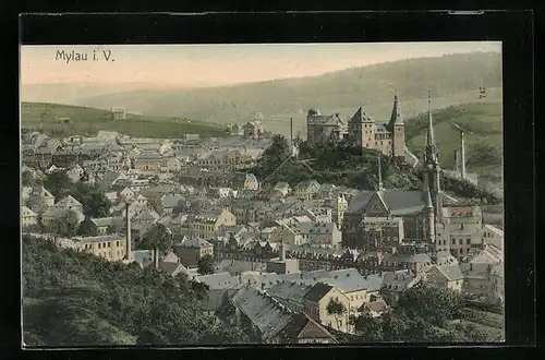 AK Mylau i. V., Ortsansicht aus der Vogelschau