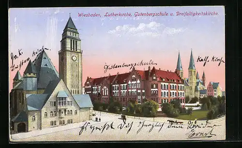 AK Wiesbaden, Lutherkirche, Gutenbergschule und Dreifaltigkeitskirche