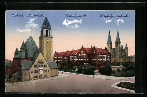AK Wiesbaden, Lutherkirche, Gutenbergschule und Dreifaltigkeitskirche