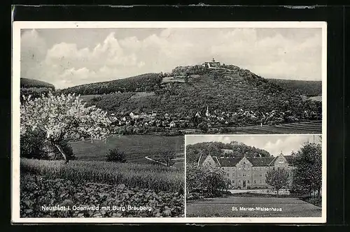 AK Neustadt i. Odenwald, Ortsansicht mit Burg Breuberg, St. Marien-Waisenhaus