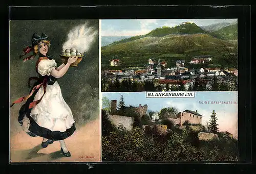 AK Blankenburg i. Thür., Ortsansicht, Ruine Greifenstein und Frau in Tracht mit Thüringer Klöse