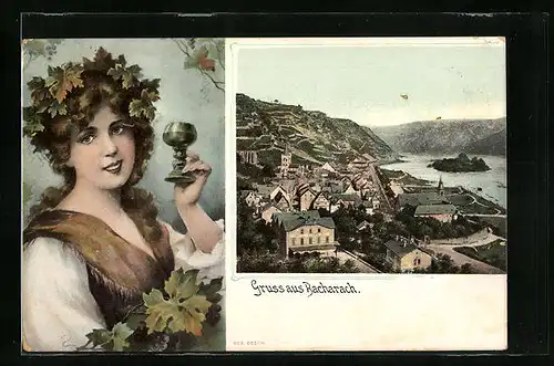 AK Bacharach, Ortsansicht und junge Frau mit Weinglas