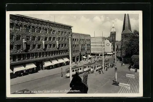 AK Essen, Blick in die Strasse mit Baedekerhaus und Strassenbahnen