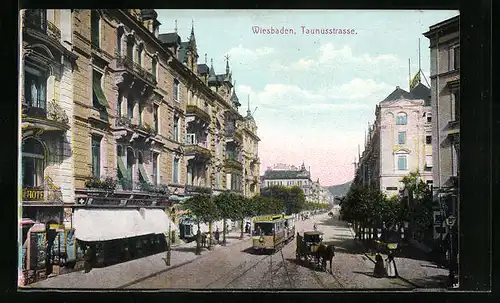 AK Wiesbaden, Strassenbahn in der Taunusstrasse