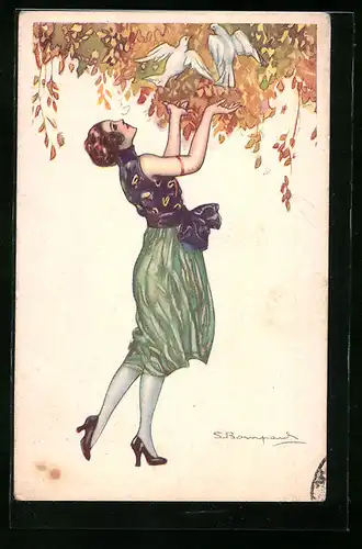 Künstler-AK Sergio Bompard: Junge Frau mit weissen Tauben