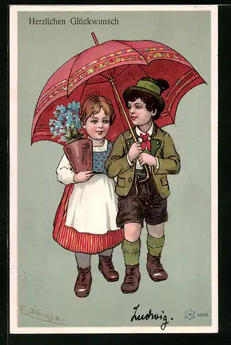 Künstler-AK E. Döcker: Mädchen und Junge mit Blumentopf untern Sonnenschirm