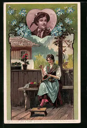 Künstler-AK E. Döcker: Junge Frau bei der Handarbeit denkt an ihren Liebsten