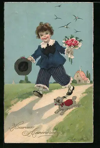 Künstler-AK Fritz Baumgarten: Mädchen mit Blumenstrauss auf dem Weg zum Geburtstag