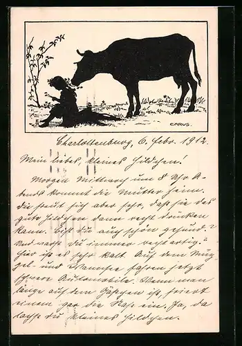 Künstler-AK Carus: Schattenbild eines Mädchens mit einer Kuh