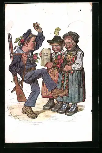 Künstler-AK Emil Beithan: Hüpfender Marinesoldat und zwei Mädchen im Dirndl