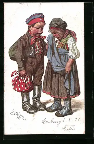 Künstler-AK Emil Beithan: Mädchen in Tracht verabschiedet sich traurig von dem Soldaten