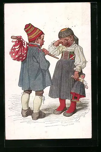 Künstler-AK Emil Beithan: Mädchen mit Puppe weint beim Abschied