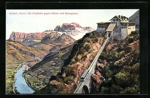 AK Bozen, Die Virglbahn gegen Schlern und Rosengarten, Bergbahn