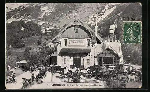 AK Lourdes, La Gare du Funiculaire du Pic du Jer, Bergbahn