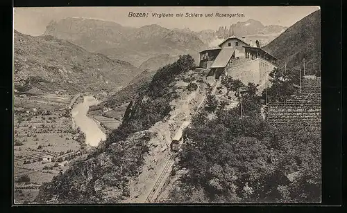 AK Bozen, Virglbahn mit Schlern und Rosengarten, Bergbahn