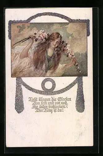 AK Deutscher Schulverein Nr.1078: Mädchen mit Blumen begrüsst den Lenz