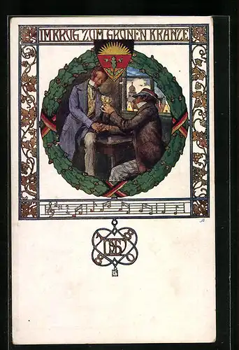 AK Deutscher Schulverein Nr.64: Zwei Männer im Krug zum Grünen Kranze