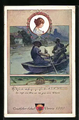 AK Deutscher Schulverein Nr.91: Zwei Männer mit Gitarre im Boot, Es liegt eine Krone im grünen Rhein, Lied mit Noten