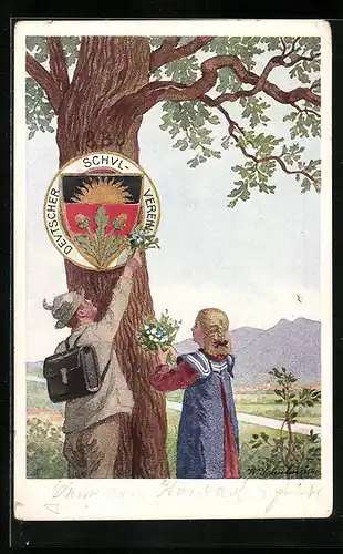 AK Deutscher Schulverein Nr.: Junge und Mädchen am Baum mit dem Schild Deutscher Schulverein