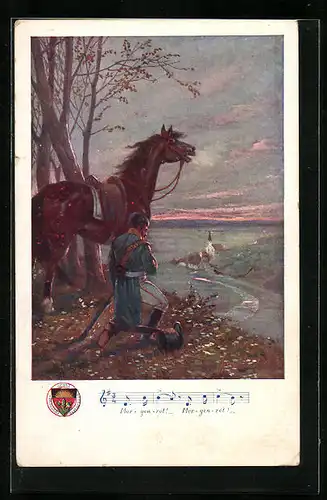 AK Deutscher Schulverein Nr.151: Morgenrot, Morgenrot, - Soldat mit Pferd schaut zum Ort