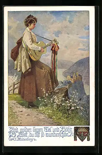 AK Deutscher Schulverein Nr.1071: Mädchen mit Gitarre schaut ins Tal