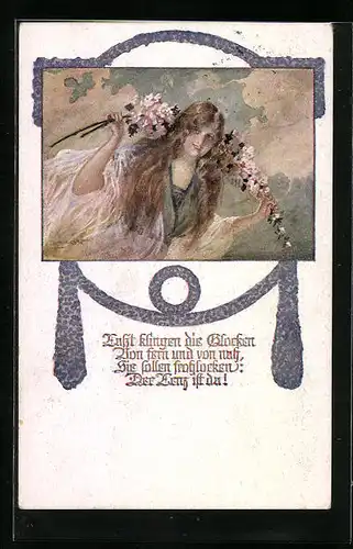 AK Deutscher Schulverein Nr.1078: Mädchen mit Blumen begrüsst den Lenz