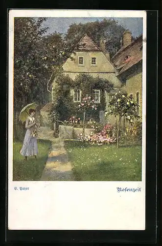 AK Deutscher Schulverein Nr.1086: Rosenzeit - Mädchen mit Sonnenschirm im Garten