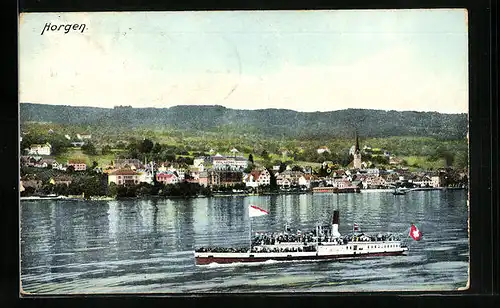 AK Horgen, Ortsansicht mit Dampfer auf dem Zürichsee