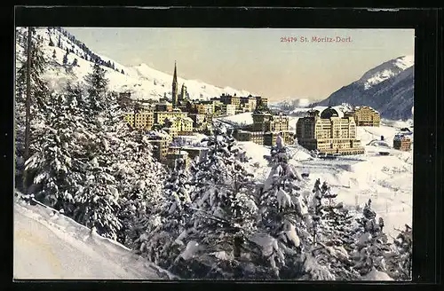 AK St. Moritz-Dorf, verschneite Ortsansicht