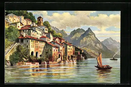 Künstler-AK Gandria, Ortspartie am Lugano-See