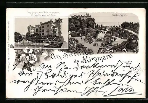 Lithographie Trieste, das Schloss vom Molo aus gesehen, Giardino Garten