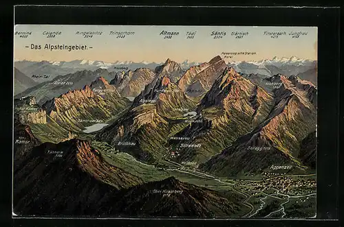 Künstler-AK Brüllisau, Landkarte Alpsteingebiet