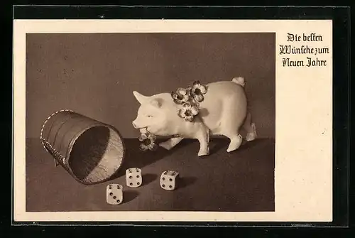 AK Schwein mit Würfelbecher und Würfeln, Neujahrsgruss