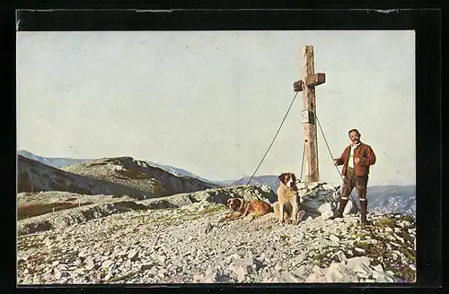 AK Preinerwandkreuz und Mann mit Bernhardinern auf der Rax