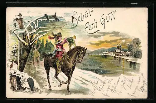 AK Behüt Dich Gott!, Trompeter zu Pferde am Ufer im Winter