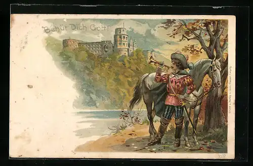 AK Behüt Dich Gott!, Trompeter mit Pferd am Ufer