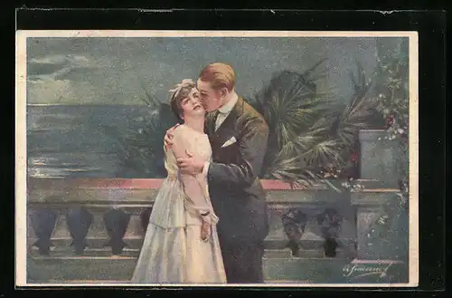 AK Herr küsst eine Dame am Abend, Art Deco