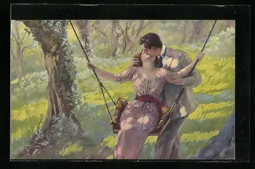 AK Liebespaar an einer Schaukel, Art Deco